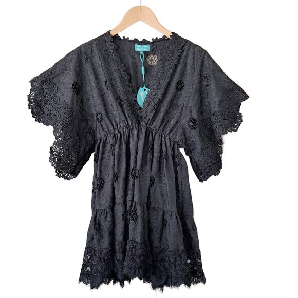 NEW Antica Sartoria Black Embroidered Lace Babydoll Mini Dress O/S Beachy Boho - Picture 9 of 12